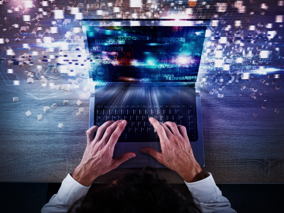 Man using contract management software.